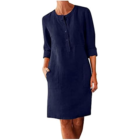 Ashowlaco Linen Dresses for Women Button Down 3/4 Sleeve Cotton Linen Casual Shirt Dress Loose Midi Dresses with Pockets Cover