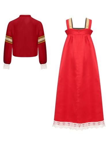 Child Girls Russian Ethnic Performance Dress Embroidered Blouse with Overalls and Headpiece Red 3 Years4