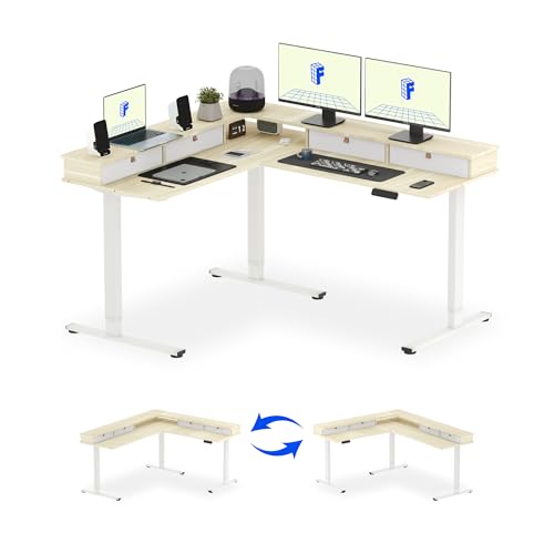 Image of FLEXISPOT 63 inch L Shaped Standing Desk with Shelf Electric Corner Table, Drawers, Adjustable Computer Workstation for Home, Office, 63x55in, Light Maple Top + White Frame