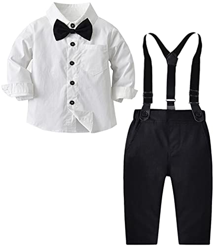 Image of SANGTREE Boys Gentleman Clothes Set, Short Sleeve Shirt with Bowtie + Suspender Pants Outfit, 3 Months - 6 Years