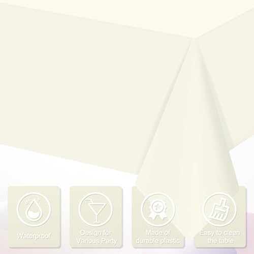 Image of 32 Pack Beige Plastic Tablecloth for Rectangle Tables, Premium Decorative Ivory Disposable Table Cloths for Parties, Rectangle Cream Party Table Cover for Birthday Wedding Baby Shower, 54x108 Inch