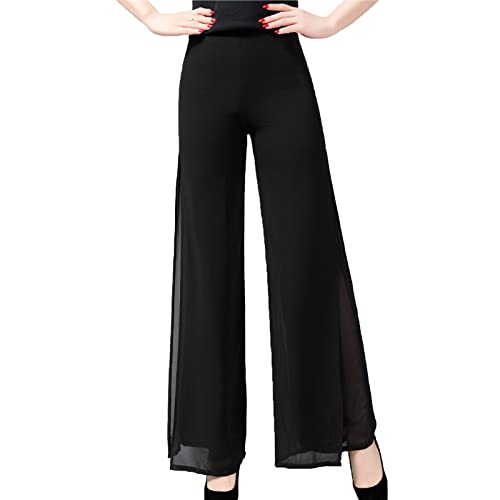 Générique Pantalon Large en Mousseline pour Femme Pantalon de Danse décontracté Coupe Slim Taille Haute Pantalon de détente d'été Fendu sur Le côté de Couleur Unie (Le Noir,31)