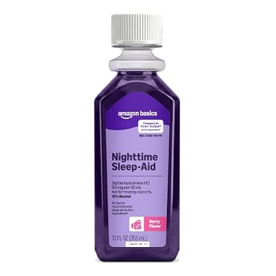 Amazon Basics Night Time Sleep-Aid Liquid for Adults, Diphenhydramine HCl 50 mg, Mixed Berry Flavor, 12 fl oz (Pack of 1) (Previously Care)