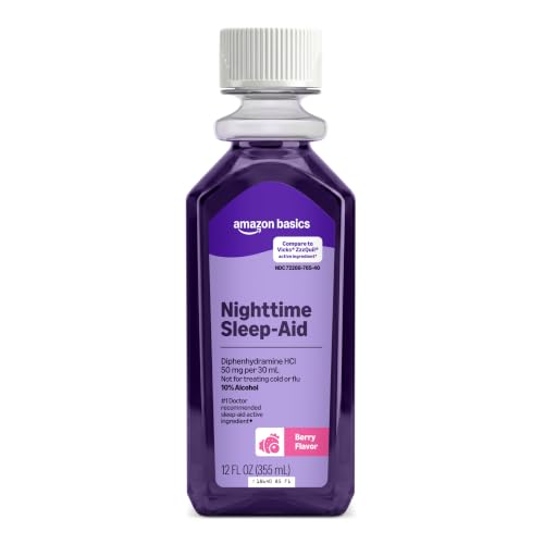 Amazon Basics Night Time Sleep-Aid Liquid for Adults Diphenhydramine HCl 50 mg Mixed Berry Flavor 12 fl oz (Pack of 1) (Previously Care)