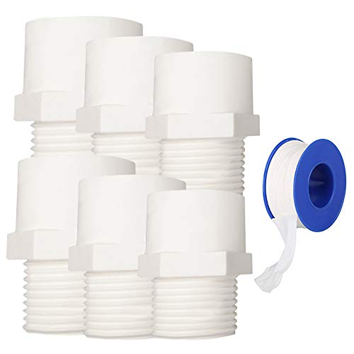 YOFASEN Conectores de tubería de agua, 3 tamaños - 6 piezas Conector adaptador de accesorios de tubería de rosca macho de PVC + 1 pieza Cinta de sellado de tubería de agua