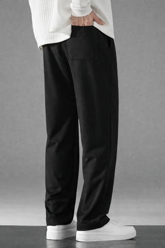 Image of Men Wide Leg Loose Fit Trousers with Elastic Waist & Drawstring - Korean Style Relaxed Straight Pants for Men, Casual Lounge Travel Wear, Comfortable Soft Fabric