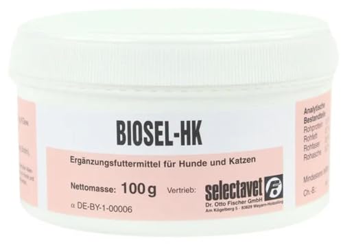 Selectavet Biosel-HK Pulver | 100 g | Ergänzungsfuttermittel für Hunde und Katzen | Zur Unterstützung des natürlichen Haut- und Haarwachstums | Enthält Biotin und Zink