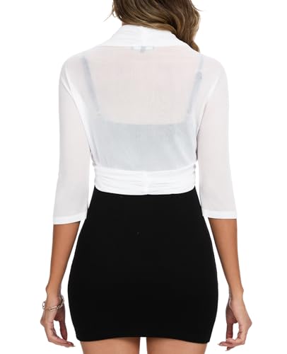 Image of MINTLIMIT Women's Elegant Sheer Mesh Shrug Bolero Batwing 3 /4 Sleeve Open Front Cropped Cardigan Shrugs for Evening Dress