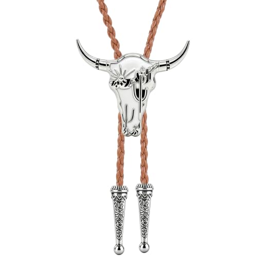 Image of GelConnie Bola Tie for Men White Longhorn Skull Western Cowboy Tie Cord | White Western Skull Bolo Tie with Cactus Motif, Adjustable Faux Leather Cord for Bola Tie for Men and Country Wedding Attire