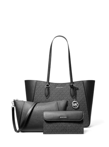 Michael Kors Women's Jet Set Travel Large 3-in-1 Tote, Silver-Tone Hardware/MK Signature/Leather/Black