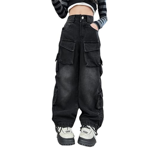 Cargo Jeans for Teen Girls Baggy High Waist Buttons Long Pants Y2k Casual Streetwear Straight Leg Trouser with Pockets