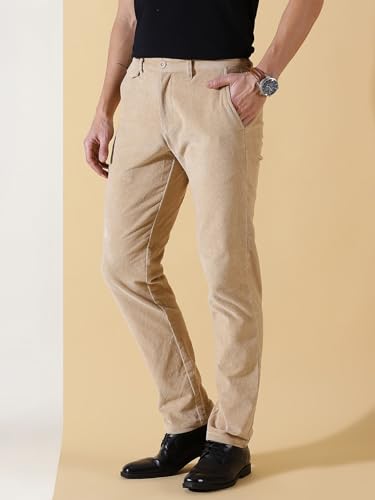 Image of Thomas Scott Men Beige Smart Slim Fit Easy Wash Corduroy Cotton Chinos (Size: 40)