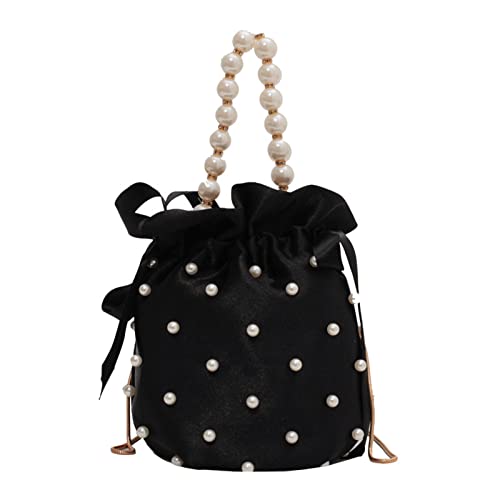 Shoulder Bags for Women Luxury Ladies Chain Handbag Bead Pearl Imitation Female Bucket Crossbody Bag Black