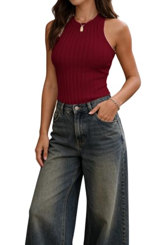 Image of INFITTY Womens Ribbed Tank Tops High Neck Slim Fitted Sleeveless Shirt Basic Knit Casual 2026 Summer Going Out Y2k Clothes