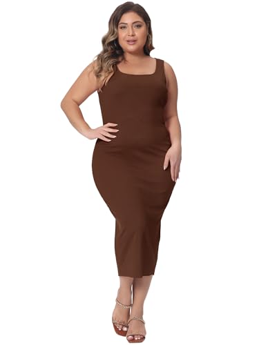 Image of Agnes Orinda Plus Size Dress for Women Summer Sleeveless Square Neck Bodycon Cocktail Sundress Sexy Midi Tank Dress