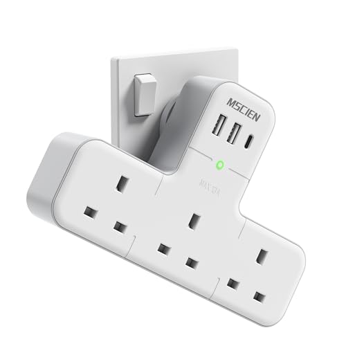 Mscien Multi Plug Adaptor 6 in 1 Plug Extension Socket 3 Way 3 USB(3.4A 1 Type-C) Wall Socket UK Power Strip with 315 Degree Rotation Plug Adapter Surge Protected Extender For Home Office
