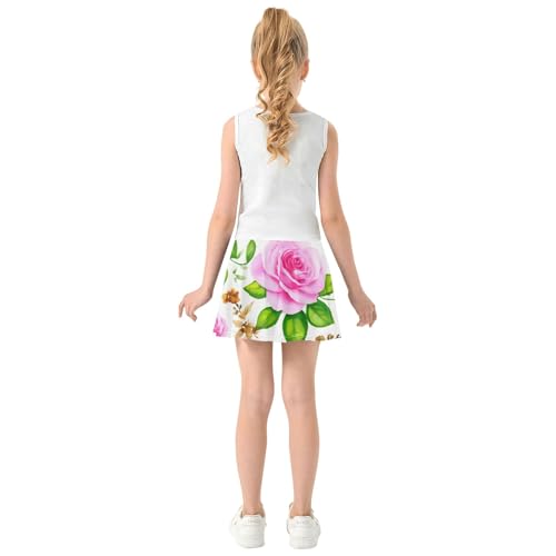Joisal Athletic Shorts for Girls Skorts Kids Tennis Skirts Cool Pink Girl Skort Watercolor Roses Green Leaves 3t4