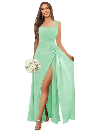 Image of HANVAIOS Square Neck Bridesmaid Dresses Long Chiffon Formal Maxi Dress with Slit