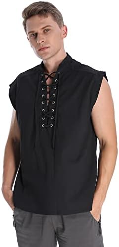 DENCTORAM Men's Loose Medieval Viking Sleeveless Shirt Renaissance Gothic Victorian Top Tee Pirate Costume