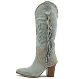 KaroNairy Fringe Cowgirl Boots Wide Calf Denim Boots for Women Mid-Calf Boots Embroidered Leather Pointed Toe Knee High Cowboy Boots