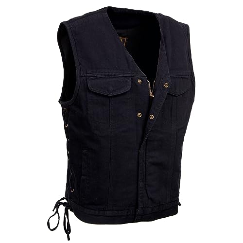 Milwaukee Leather MDM3013 Men's 'Brute' Concealed Snap Black Denim V-Neck Side Lace Club Style Vest w/Hidden Zipper