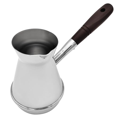 Ibrik - Cafetera turca de 350 ml, acero inoxidable con mango de madera roja, vertido grueso para café turco y latte artístico