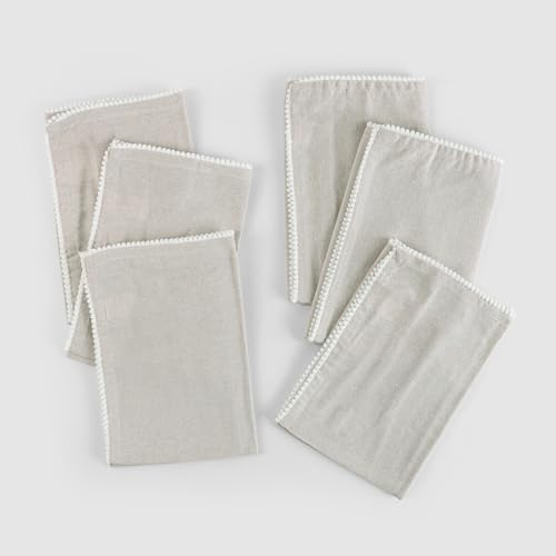 FINGERCRAFT Cloth Napkins, Pom Pom Lace, 20x20 Inch, 6 Pack Ivory/White