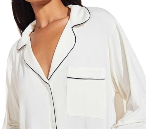 Men's Modal Thin Long Sleeve Sleepwear V Neck Lapels Button-Down Pajamas Set Casual Loungewear Two-Piece(White,Medium)3