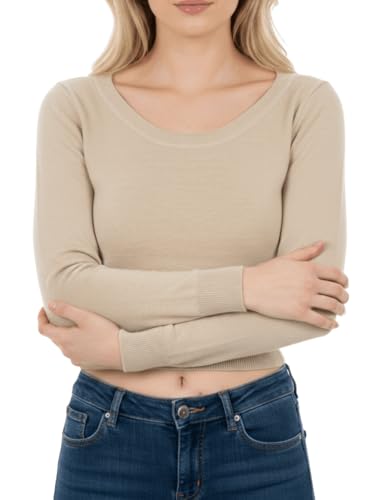 Image of Women's Crop Top Stretch Sweater - Long Sleeve Slim Bodycon Crewneck Casual Basic Solid Cropped Knit Pullover Top