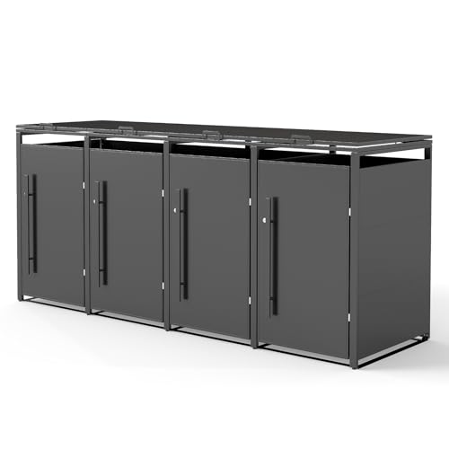Youyijia Metallische Mülltonnenbox für 120-240 Liter, 264 x 80 x 116 cm, Mülltonnenlagerung für 4 Tonnen, Verzinktes Stahl-Müllschuppen, Außendeckel mit abschließbarer Tür für Garten und Hinterhof