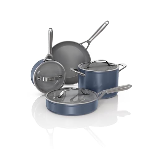 Image of Ninja Ceramic Pro 7Piece Cookware Set, NonStick Pots & Pans Set with Glass Lids, Nontoxic, PTFE Free, Ceramic Coated, Oven Safe, All Stovetops & Induction Compatible, Midnight Blue, CW39007MM
