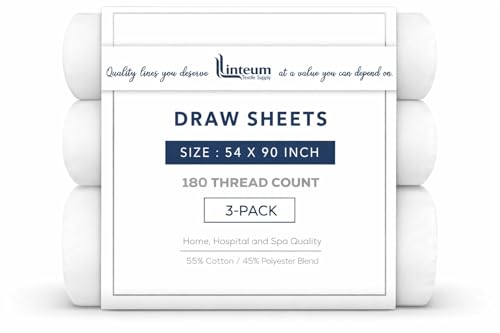 Linteum Textile White Draw Sheets 54x90 Inches 3 Pack 180 Thread Count Poly-Cotton Flat Sheets for Hospitals Clinics Nursing Homes Hotels and Massage Tables