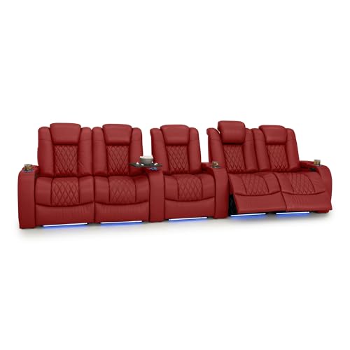 Image of Seatcraft Diamante Red Italian Leather Home Theater Seating, Zero Gravity Power Recliner Gaming and Home Office Chair, Powered Headrest Lounge Sofa Furniture for Cinema Room, Row of 5 Dual Loveseats
