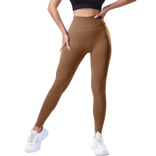 Sandosid Leggings Deportivos de Cintura Alta para Mujer, Levanta Glúteos, Control de Abdomen, Pantalones Elásticos de Yoga para Correr, Entrenamiento y Fitness(Coffee,L)