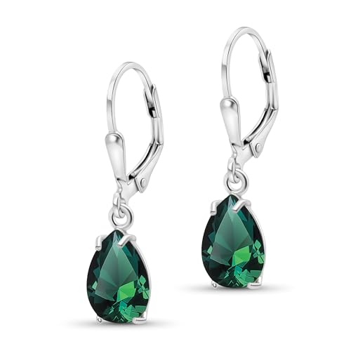 925 Sterling Silver Emerald Earrings for Women - May Birthstone Teardrop Leverback Earrings