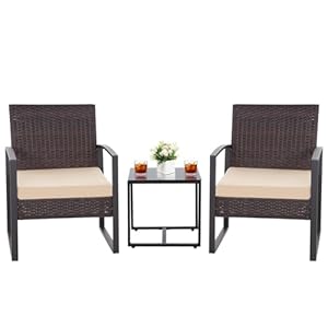 HYDRAGARDEN 3PCS Patio Furniture Set, Outdoor Wicker Bistro Conversation Set with Padded Cushions & Glass Table, Garden Rattan Chair Set for Porch Balcony Backyard (Plus Brown Wicker & Brown Cushions)