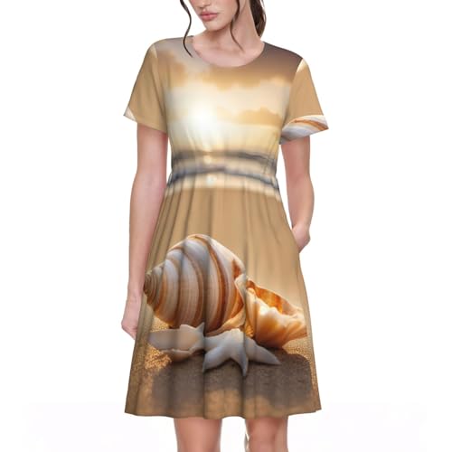 Robe d'été pour femme motif paysage de plage et manches courtes