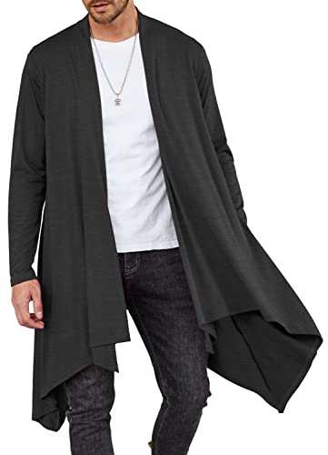 COOFANDY Men's Long Cardigan Ruffle Shawl Collar Lightweight Open Front Drape Cape Overcoat with Pockets