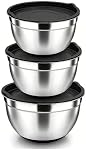 TEEM Stainless Steel 304 Mixing Bowls with Lids, Set of 3 Large Medium Small 1.5L 2L 3L (1.6QT 2.1QT 3.2QT) Food-Grade Metal Nesting Salad Bowls - Rust-Resistant, Dishwasher Freezer Safe
