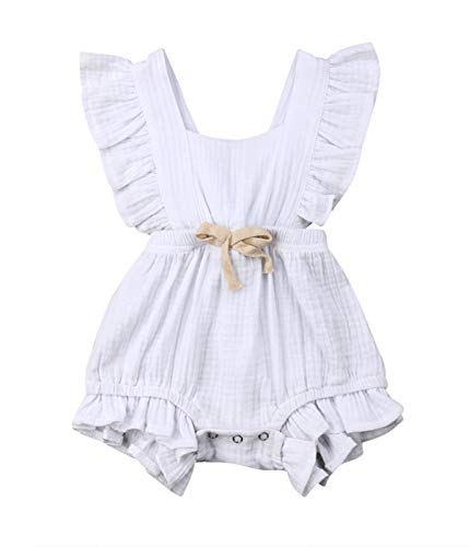 Qiylii Infant Baby Girl Ruffle Sleeve Romper One-Piece Bowknot Cotton Bodysuit Jumpsuit Outfit Clothes (12-18 Months, White)
