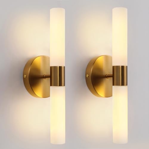 KUZZULL Wall Sconces Set of Two, Brass Gold Bathroom Sconces Wall Lighting with White Glass, Modern Sconces Wall Decor Set of 2 Wall Light fixtures for Bathroom Mirror Living Room Hallway Wall Lamp
