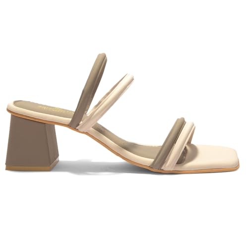 Image of Liberty Senorita STY-162E Heels for Women - Beige Block Heel Slip-On Sandals | Soft Cushioned Footbed, Lightweight Fashion Footwear for Festive, Party, Wedding, Ethnic, College