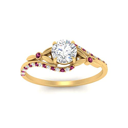 Image of 55Carat Choose Your Gemstone Floral Accent Swirl Diamond CZ Ring Yellow Gold Plated Round Shape Halo Engagement Rings Everyday Jewelry Wedding Jewelry Handmade Gifts for Wife US Size 4 to 12
