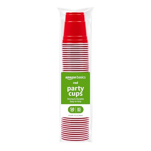 Amazon Basics Small Disposable Red Plastic Party Cups, BPA-Free, 9oz, 50 Count