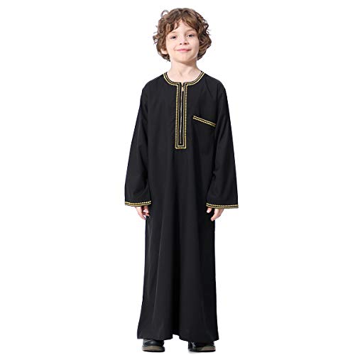 Boy's Muslim Arab Pure Color Stand Collar Thobe (130CM, Black)