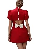 MSQPOVIC Sexy Backless Bow Mini Skirt Fashionable Short Sleeved Cocktail Party Dress (US, Alpha (Alpha), M, Regular, Red)