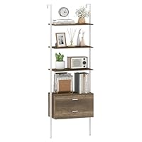 COSTWAY 6-Tier Ladder Shelf with 2 Drawers, 184cm Tall Wall Bookshelf Open Display Rack, Metal Frame Wooden Wall Mounted Bookcase Storage Shelving Unit for Living Room Bedroom Office (Oak Grey+White)