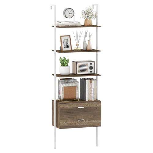RELAX4LIFE Libreria Scaffale a Scala, Scaffale a 3 Ripiani con 2 Cassetti, Struttura in Metallo, Mobile per Salotto, Studio, Ufficio e Cucina (Grigio,60 x 30 x 184 cm)