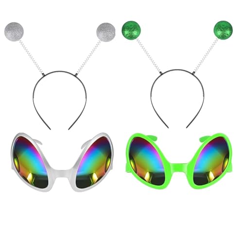 JJiaoLinin Gafas de Extraterrestre, 4 Piezas Gafas Extraterrestres con Lentes Arcoíris y Diadema de Antena, Accesorios Disfraz Alien para Halloween,Carnaval, Cosplay, Fiesta Temática Alienígena