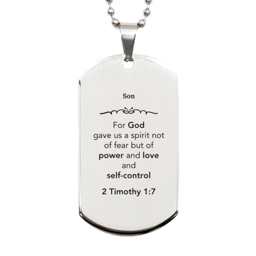 Christian Gifts for Son Silver Dog Tag, Son for God gave us a Spirit not of Fear. 2 Timothy 1:7, Bible Verse Inspirational Birthday for Son